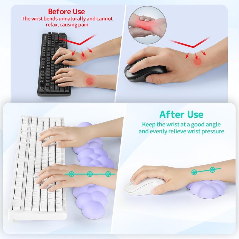 Sushret Cloud Wrist Rest for Keyboard and Mouse, Memory Foam PU Leather Keyboard Wrist Rest with Ergonomic Support, Non-Slip Base, Cute Arm Rest Pad & Palm Cushion, Office Desk Accessory, Purple - Image 3